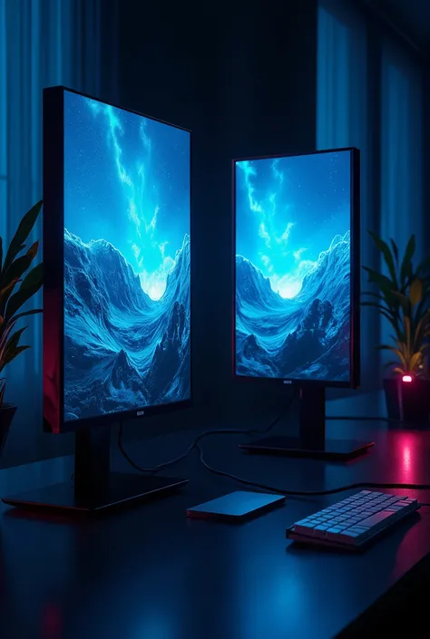 2 monitors、Monitors are placed vertically、Stylish room、Black and blue dim room、Neon color、High resolution, Highest quality, masterpiece, Widescreen, detail, 高いdetail, High-resolution model, Chiaroscuro, realism, Surrealism,