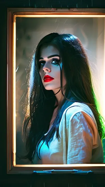 A beautiful woman green blue eyes, black hair white flawless skin, perfect shaped nose, eyes and ears. Sharp edges, beautiful jaw line and cheek bone ,looking through at a mirror reflection of herself being evil, dark moody look red eyes, white straight ha...