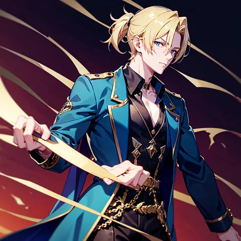 Anime attractive man, 20 year old, blonde hair, very very short ponytail, tall, muscular, solo, one person, dark blue high-collared dress shirt with rolled up sleeves, black choker, dark blazer with gold lining and buttons unbuttoned with rolled up sleeves...