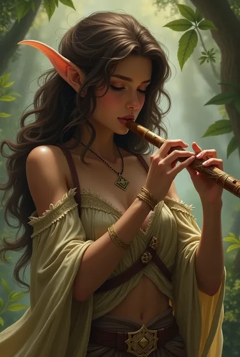 Brown elf rpg character with brown wavy hair holding a flute black skin