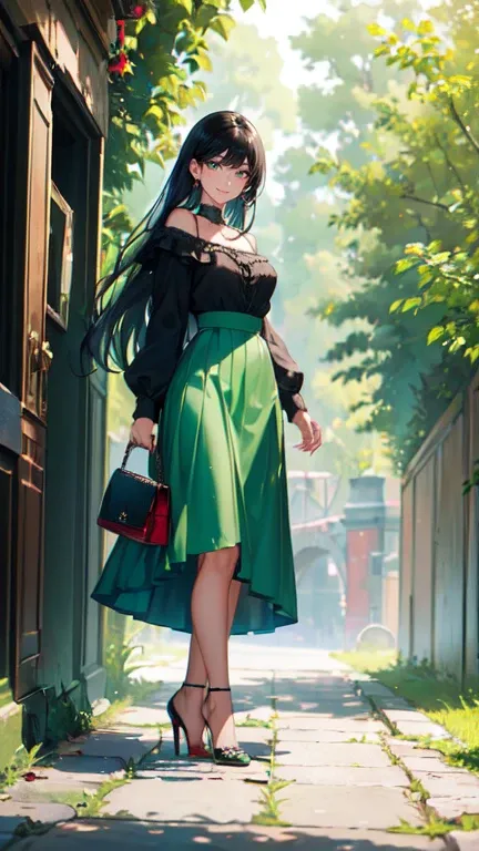 ((masterpiece, high resolution, better quality, better details)), ((Smiling)), ((one girl)) a girl standing, full body, maxi green skirt, blouse,((louboutin high heels)), green eyes , ((black hair, long hair)), shiny skin, ((side view)), solo, full body, f...