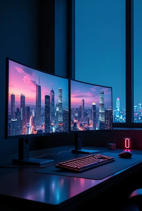 2 monitors、white screen、large monitor、room with a night view、skyscraper、monitors are placed vertically、stylish room、black and bl...