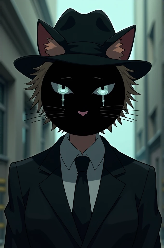 A anime character with a mafia looking suit wearing a fedora and a black cat mask that has a crying face on it (The mask is cirular and covers the face the expression of the masks face is of a crying cat, the ears of the mask poke through the fedora) (slig...