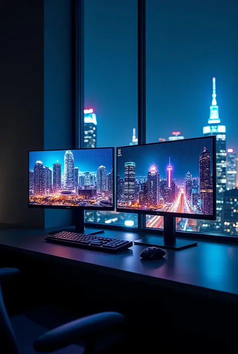 2 monitors、White Screen、Large monitor、Room with a night view、skyscraper、Monitors are placed vertically、Stylish room、Black and blue dim room、Neon color、High resolution, Highest quality, masterpiece, Widescreen, detail, High detail, High-resolution model, cl...