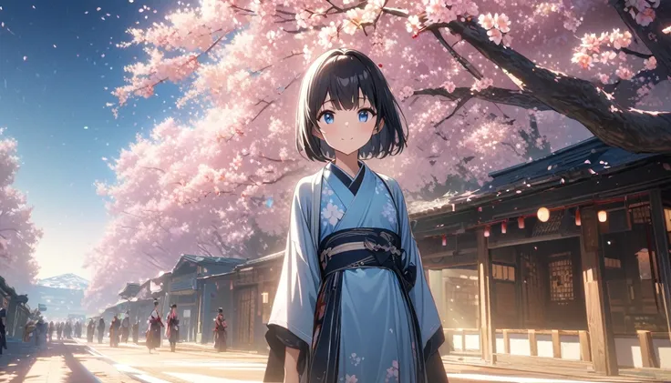 one girl, black short hair and bob hair、beautiful blue eyes、smile、gentle smile on her face、flat chest, one Beautiful girl,((masterpiece, illustration, best quality) ((ultra-detailed))Sunny day, standing under the cherry blossoms, Clothing、Japanese dress、Wh...