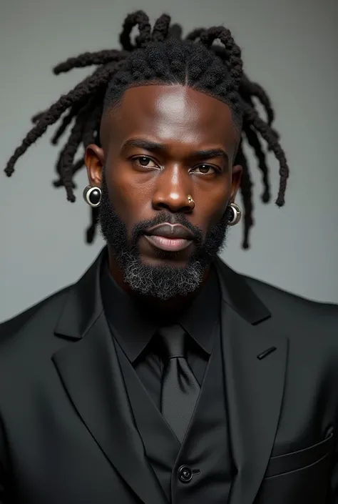 Black man, 1,90 with a short, slightly gray beard, ear stretcher and nose piercing and with dreadlocks, plump lips with business attire