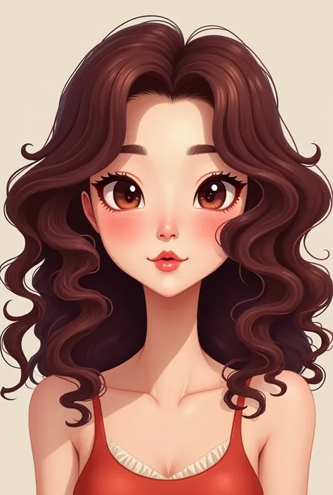 A curly woman with loose wine-colored hair of Chinese nationality and light-skinned brunette cartoon