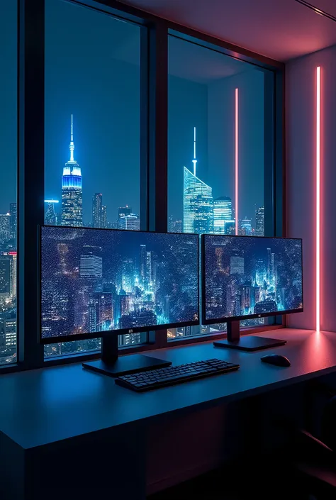 2 monitors、White Screen、Large monitor、Room with a night view、skyscraper、Monitors are placed vertically、Stylish room、Black and blue dim room、Neon color、High resolution, Highest quality, masterpiece, Widescreen, detail, High detail, High-resolution model, cl...