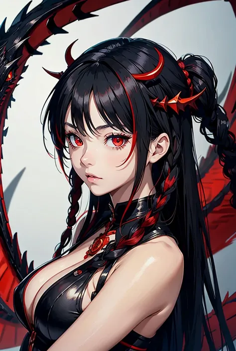 Anime Girl Black Hair With Red Highlights Red Eyes Braid Crown, breasts, Red eyes, Next to a black dragon