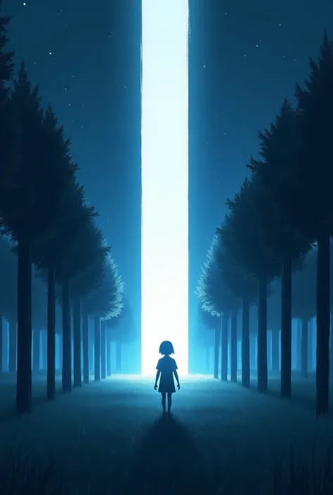 Field with 20 trees aligned symmetrically on a bright night with a blue hue. And in the background a huge vertical door that radiates an intense white light from inside and in the middle there is an 1 girl wanting to enter. 