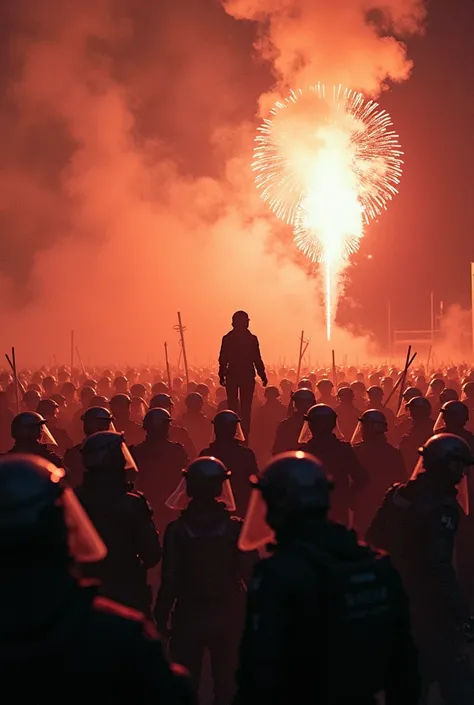 100000 riot police officers stationed around a flat, tear gas in the sky, fireworks shooting from a women terrorist on the tip of the building