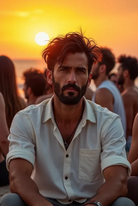 Un jeune homme portant une chemise blanche veysti, with dark hair and beard, sitting on crowd of people in beach background at sunset, orange background. 