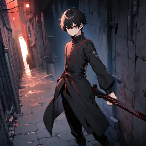 A teenager boy, dark long clothes, well-built body, black short hair, a sword on his hand, red eyes, background: a dark alley.