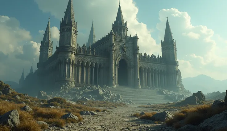 (cinema still shot) of The Temple of Pelor in partial  Ruins - Perched atop a high plateau, the once-glorious fantasy Temple now stands as a solemn monument to the past. The five spires still rise into the sky, though the building itself bears the scars of...