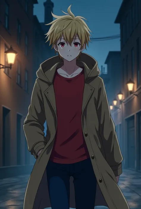 The guy in the red t-shirt, in a coffee-colored raincoat with a hood pulled up, Golden hair, red eye color, dark blue pants. Walks through the city at night with tears in his eyes. anime style. 