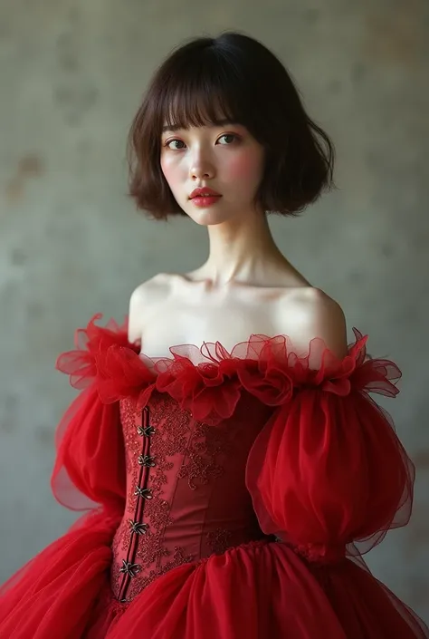 A girl with pale white skin short brown hair reaching her shoulder blades with curtain bangs wearing a fluffy gown with a tight corset and curtain sleeves red in color
