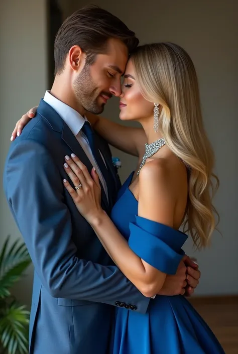 (Photorealism:1.2), man with brown hair and eyes without beard wearing a blue suit and tie, hugging a long-haired blonde woman in a blue dress. Nails painted blue and with a beautiful necklace. Frontal at a Photorealistic , com.a.menkma loira de 8 anos e o...