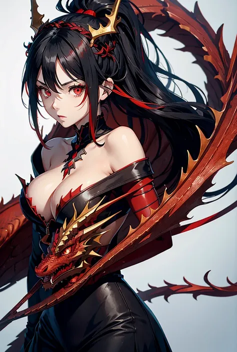 Anime Girl Black Hair With Red Highlights Red Eyes Braid Crown, breasts, Red eyes, Next to a red dragon