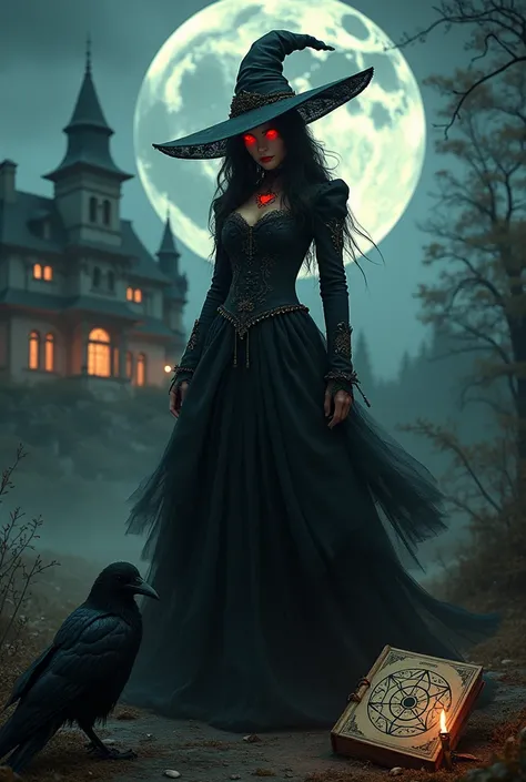 A witch with a hat and a long black witch dress with the moon in the background . And black magic symbols , a grimoire , a crow , red eyes and a mansion .