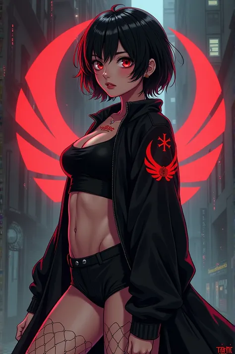 Tokyo regers anime 2D style girl with short black hair and red eyes and a hoop nose piercing and a lotus flower tattoo and black shorts and a black top and black fishnet stockings and a long black jacket with the toma sign with red eyes Tokyo regers anime ...