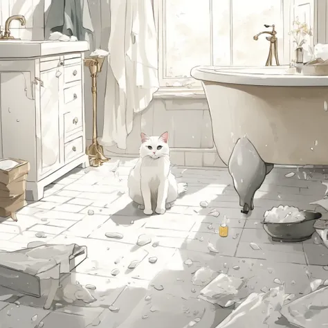 The white cat is making a mess in the bathroom