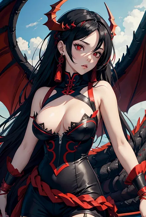 Anime Girl Black Hair With Red Highlights Red Eyes Braid Crown, breasts, Red eyes, Next to a black dragon