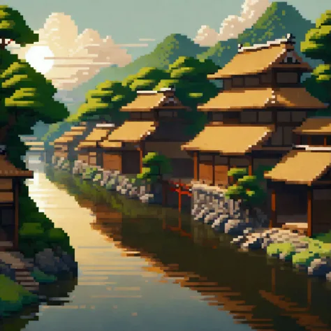 make a landscape, medieval japan, river in front, strong sun, warm tones, structures, pixelart style