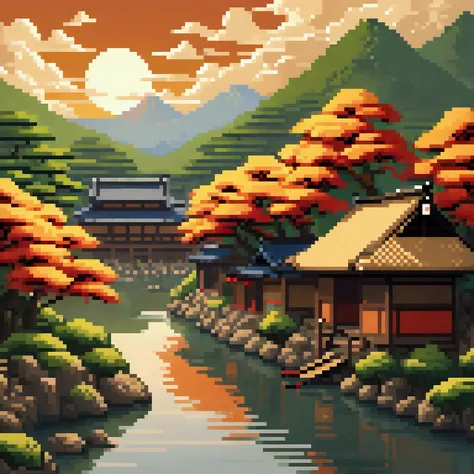 make a landscape, medieval japan, river in front, strong sun, warm tones, structures, pixelart style