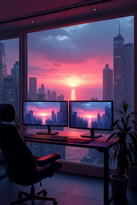 2 monitors、Sunset and sea view、White Screen、Large monitor、Room with a night view、skyscraper、Monitors are placed vertically、Stylish room、Black and blue dim room、Neon color、High resolution, Highest quality, masterpiece, Widescreen, detail, High detail, High-...