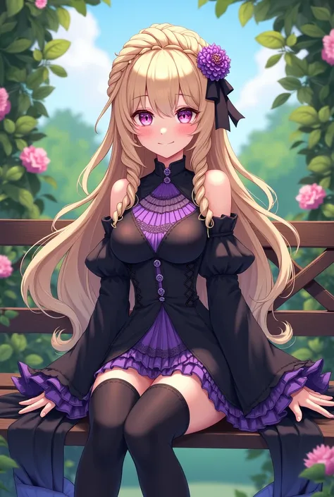 long hair, crown-shaped braid, black dress, highlighted collar, wide sleeves, x hair complement, hair flower, hair ribbon, black thigh-high boots, necklines, purple ruffles, pleated_black_skirt sitting on bench, garden, arms on the side, looking at the obs...