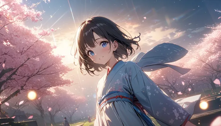 one girl, black short hair and bob hair、beautiful blue eyes、smile、gentle smile on her face、flat chest, one Beautiful girl,((masterpiece, illustration, best quality) ((ultra-detailed))Sunny day, standing under the cherry blossoms, Clothing、Japanese dress、Wh...