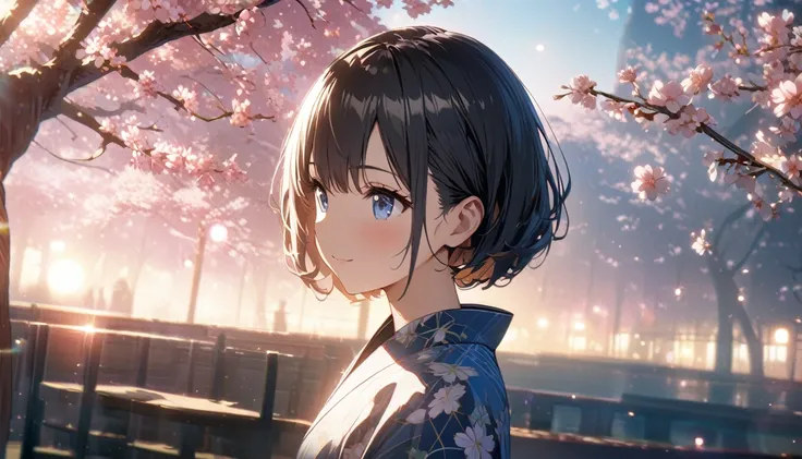 one girl, black short hair and bob hair、beautiful blue eyes、smile、gentle smile on her face、flat chest, one Beautiful girl,((masterpiece, illustration, best quality) ((ultra-detailed))Sunny day, standing under the cherry blossoms, Clothing、Japanese dress、Wh...