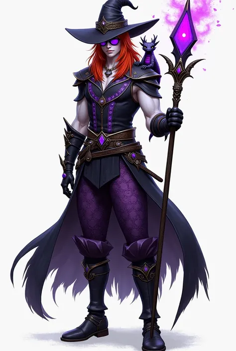 an rpg character a white-skinned human with red hair wearing purple scaled pants with elegant boots a black vest with purple magic runes, She wears sunglasses and a pointy hat and holds a Nordic staff with a purple jewel on top and a little dragon on her s...