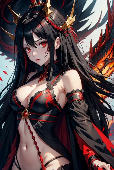 Anime Girl Black Hair With Red Highlights Red Eyes Braid Crown, breasts, Red eyes, Next to a black dragon