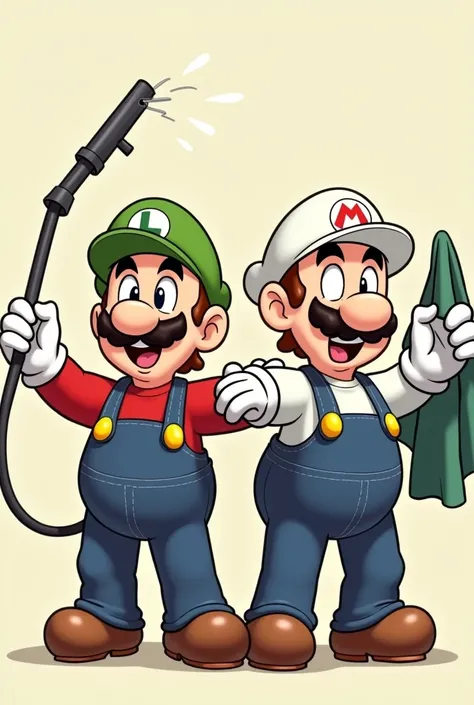  Fat Mario and Luigi bros without the mustache happy with a pressure washer and a towel hanging on the belt in their hand with their arms open  