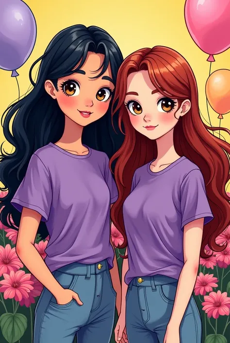 Design me a t-shirt with two cartoon girls with a pop art design, one with black hair and the other with mahogany red hair, long hair, brown eyes and white skin, and they have purple t-shirts.. That they have pastel colored balloons and sempertinas in the ...