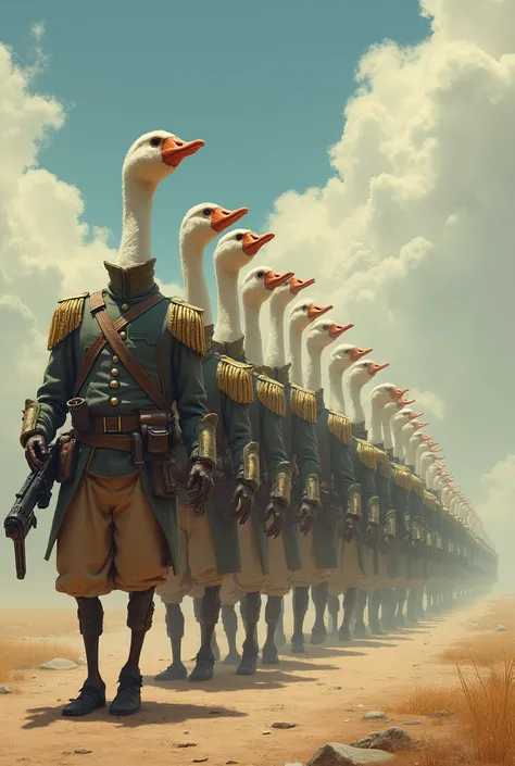 A group of goose-headed soldiers looking ahead 