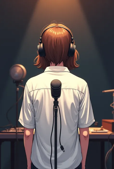 masterpiece, best quality, ultra-detailed, illustration,, recbooth, solo, microphone, headphones, realistic, brown hair, shirt, cable, white shirt, from behind, microphone, microphone stand,  