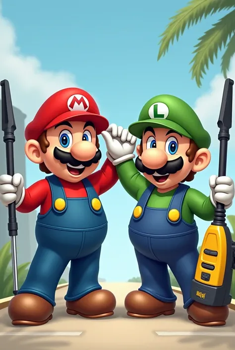  Fat Mario and Luigi bros without the mustache happy with a pressure washer in their hand with their arms open  