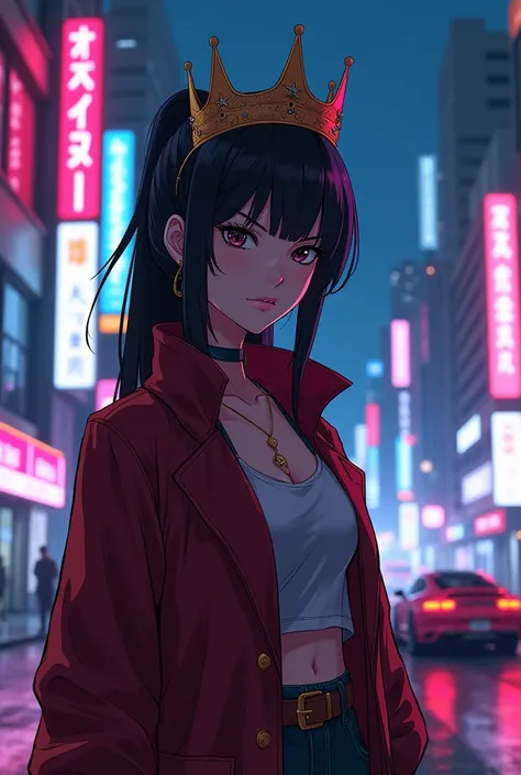 badass anime girl wearing a crown with a city and a Porsche 911 in the background nighttime with neon lights a 