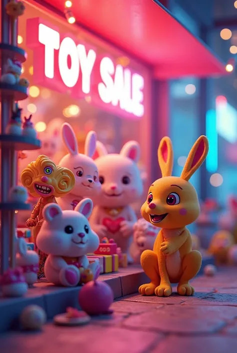 An image with striking colors that describes that it is an online toy sale.