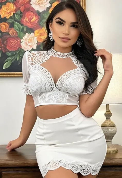 (((high quality:1.2))), Work of art, (8k), extremely detailed, ((High detail:1.2)) ((best resolution)), Solo, ((young mexican female)), (blouse, pencil skirt), (hot perfect hourglass-shaped body),