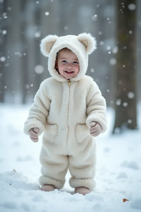 A child of approximately  dressed in a full white bear costume. The outfit is cute and soft, with large round ears on the head, padded paws, and a short, fluffy tail. The child is standing in a snowy forest setting, with tall trees in the background and a ...