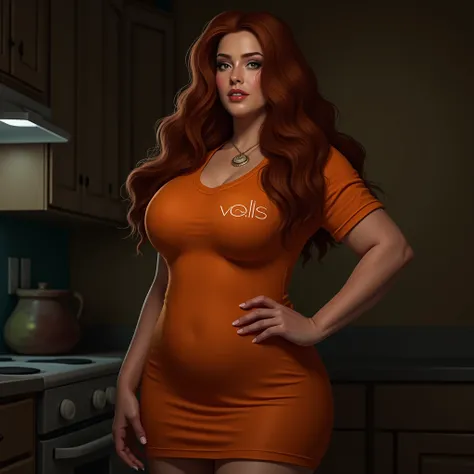 A busty sultry 3 Caucasian American woman with a large natural busty bosom, with luscious long auburn curls and striking green eyes. She is standing in her kitchen at night, wearing an oversized orange t-shirt dress that accentuate her voluptuous curvaceou...