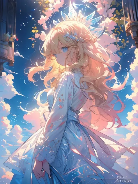 ((ultra - detailed),Heavenly sky background, Beautiful clouds, The light from the back window is backlighted, factor, Watercolor pattern in calm colors),(Watercolor texture), ((1girll),Long hair, blonde hair, Blue Eyes, adorable, angelic), light smile, The...