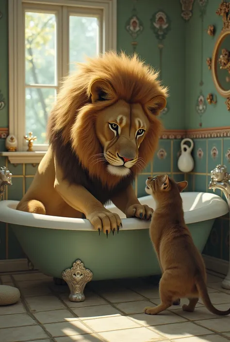 Lion with a cat in a bathroom with a women 