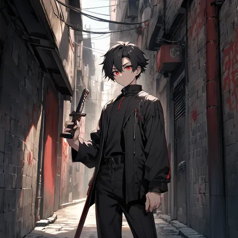 A teenager boy, dark long clothes, well-built body, black short hair, sword on his hand, black jacket, red eyes, background: a dark urban alley.