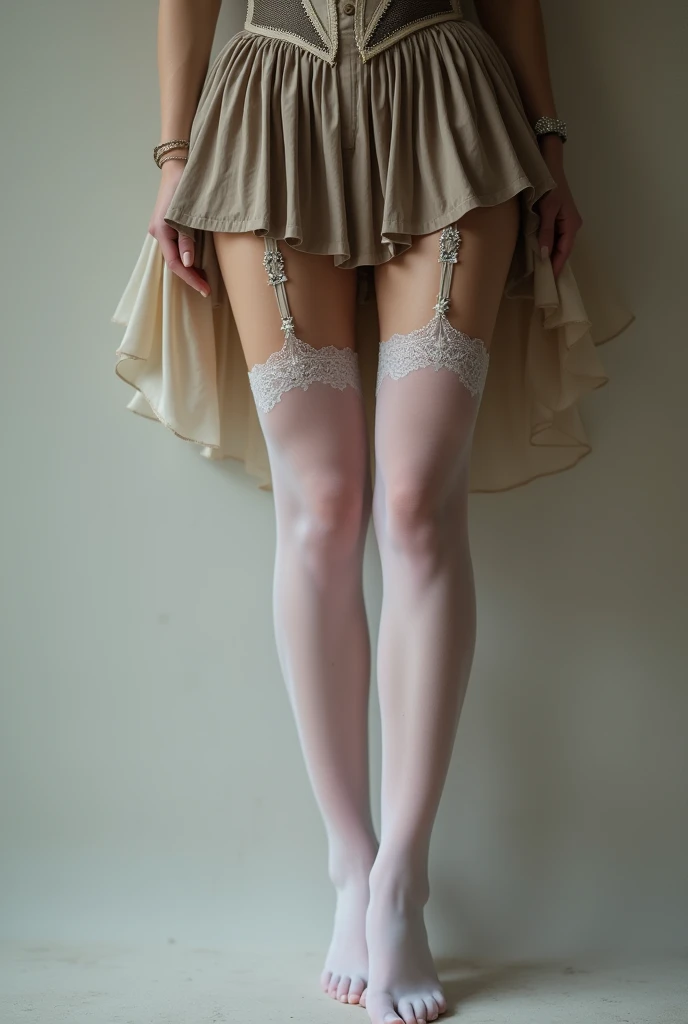 Photo showing beautiful woman legs from toes to belt wearing white stockings that ends above knees with harness and pleated skirt