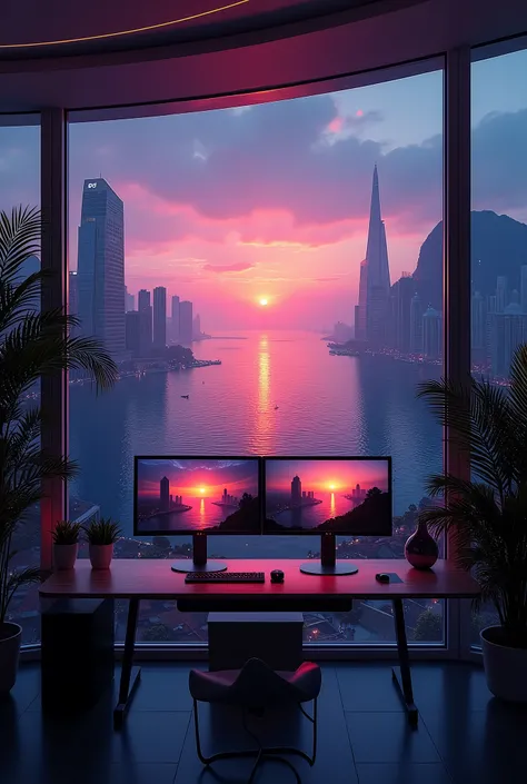 2 monitors、Sunset and sea view、White Screen、Large monitor、Room with a night view、skyscraper、Monitors are placed vertically、Stylish room、Black and blue dim room、Neon color、High resolution, Highest quality, masterpiece, Widescreen, detail, High detail, High-...