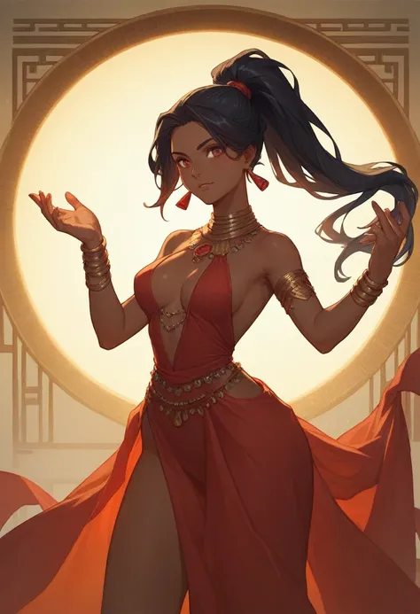 score_9, score_8_up, score_8, score_7_up, volumetric lighting, jasmine in red, solo, black hair, dress, ponytail, dark-skinned female, armlet, 